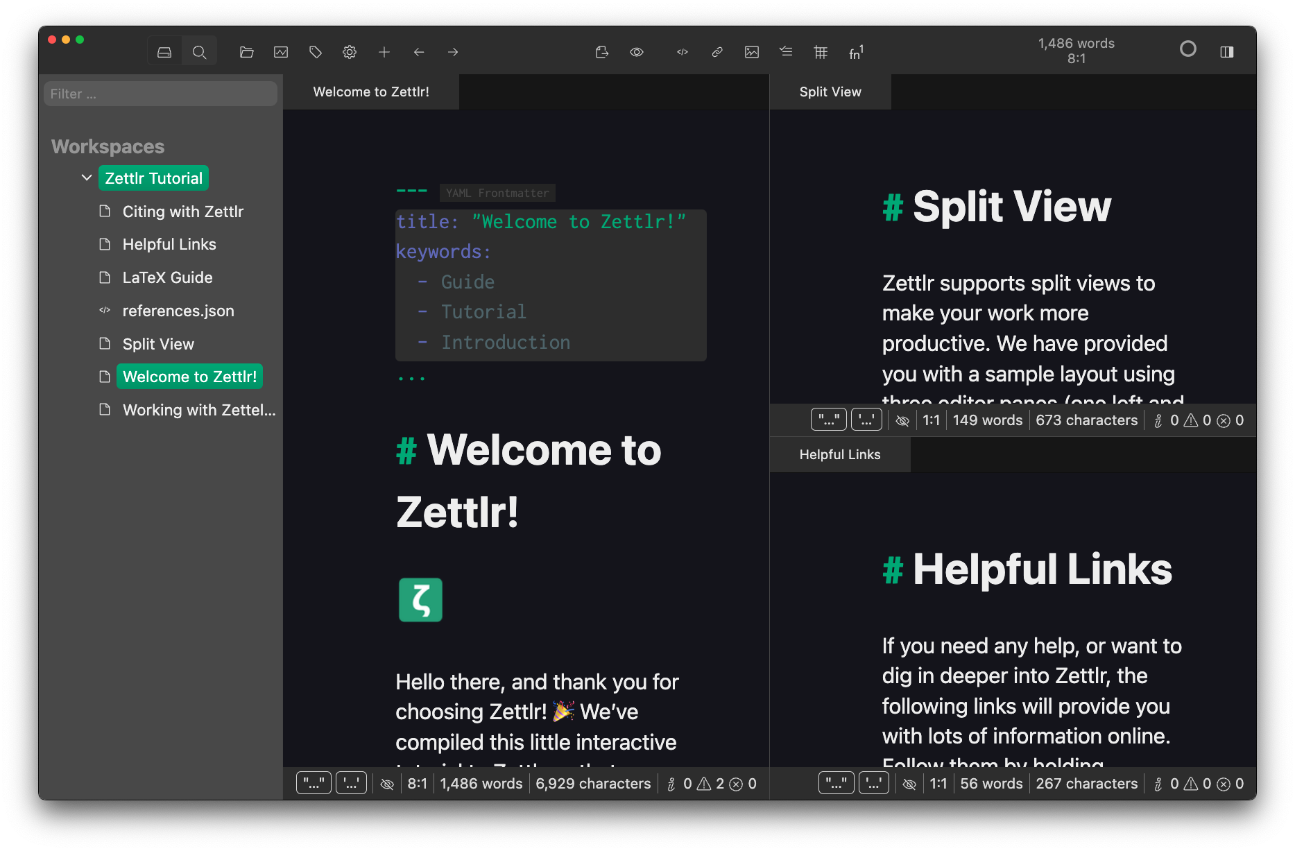 The central window of Zettlr using the dark theme